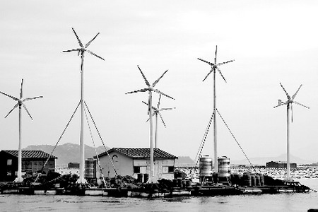 福建省水產研究所在東山縣金鳳灣養殖基地漁排上安裝了6臺各3000瓦的風電機，利用風能淡化海水
